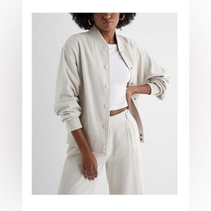 Express Luxe Lounge Twill Oversized Bomber Jacket in Oatmeal Heather Size Small